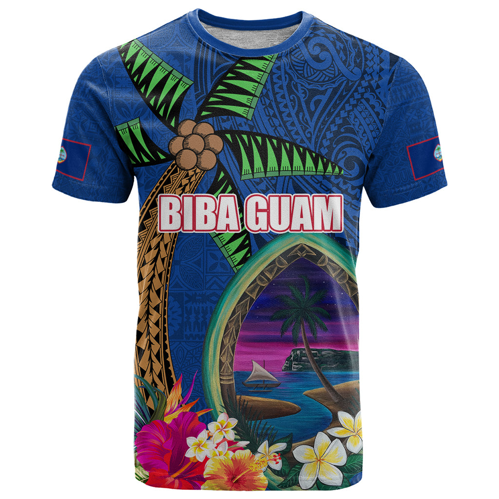 Guam Liberation Day 80th Anniversary T Shirt Palm Tree and Seal Artwork Hibiscus Polynesian Pattern LT03 Blue - Polynesian Pride