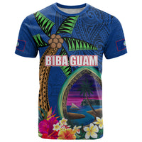 Guam Liberation Day 80th Anniversary T Shirt Palm Tree and Seal Artwork Hibiscus Polynesian Pattern LT03 Blue - Polynesian Pride