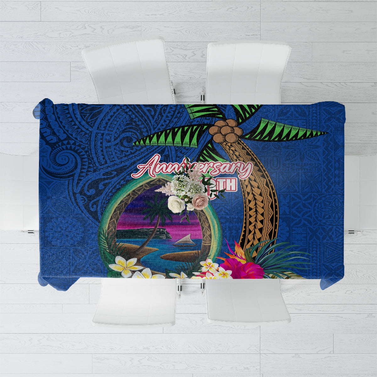 Guam Liberation Day 80th Anniversary Tablecloth Palm Tree and Seal Artwork Hibiscus Polynesian Pattern LT03 Blue - Polynesian Pride