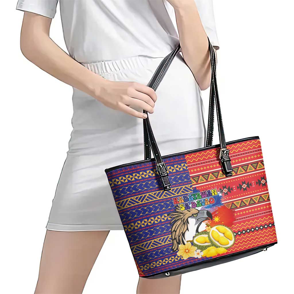 Philippines Kadayawan Leather Tote Bag Filipino Eagle Durian with Polynesian and Igorots Pattern LT03 - Polynesian Pride