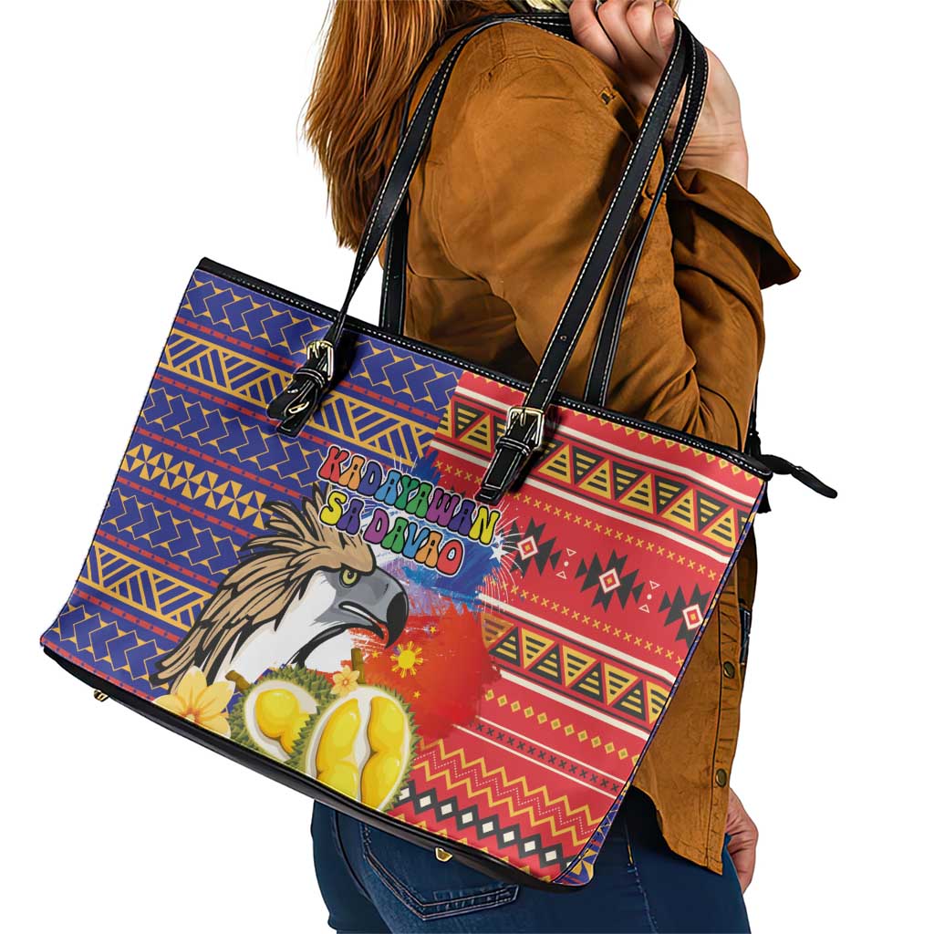 Philippines Kadayawan Leather Tote Bag Filipino Eagle Durian with Polynesian and Igorots Pattern LT03 - Polynesian Pride