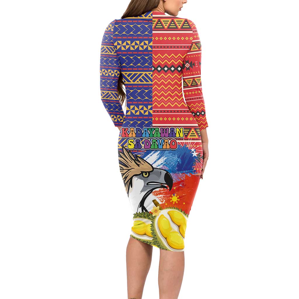 Philippines Kadayawan Long Sleeve Bodycon Dress Filipino Eagle Durian with Polynesian and Igorots Pattern LT03 - Polynesian Pride