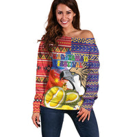 Philippines Kadayawan Off Shoulder Sweater Filipino Eagle Durian with Polynesian and Igorots Pattern LT03 Women Red - Polynesian Pride