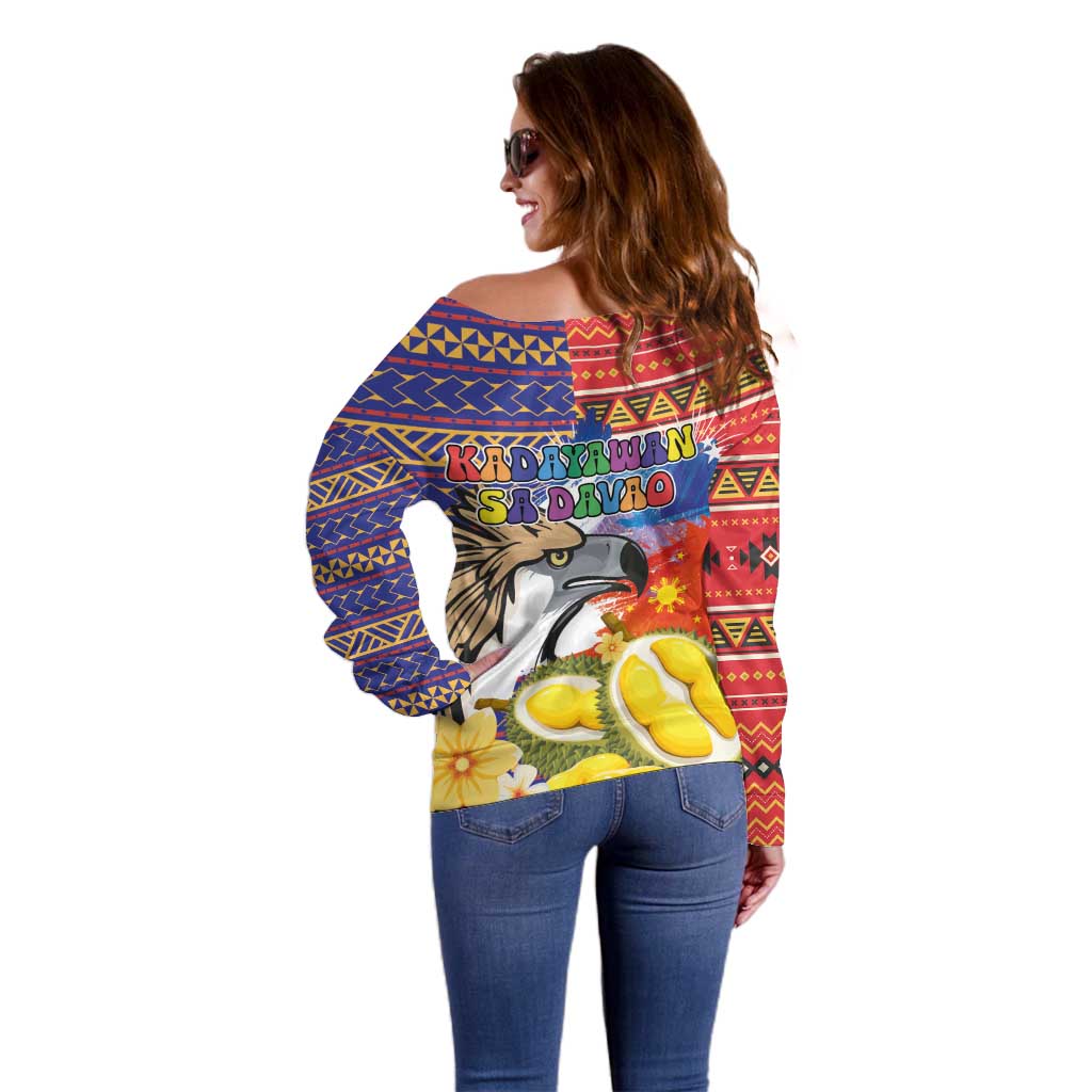 Philippines Kadayawan Off Shoulder Sweater Filipino Eagle Durian with Polynesian and Igorots Pattern LT03 - Polynesian Pride