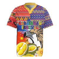 Philippines Kadayawan Rugby Jersey Filipino Eagle Durian with Polynesian and Igorots Pattern LT03 Red - Polynesian Pride