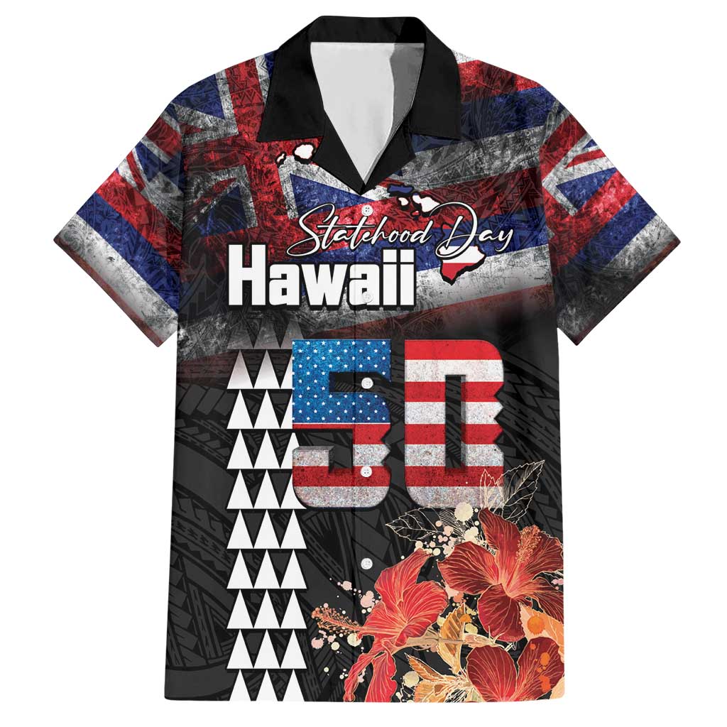 Hawaii Statehood Day Hawaiian Shirt 50th state of the United States Kakau Tattoos and Hibiscus Grunge LT03 Black - Polynesian Pride
