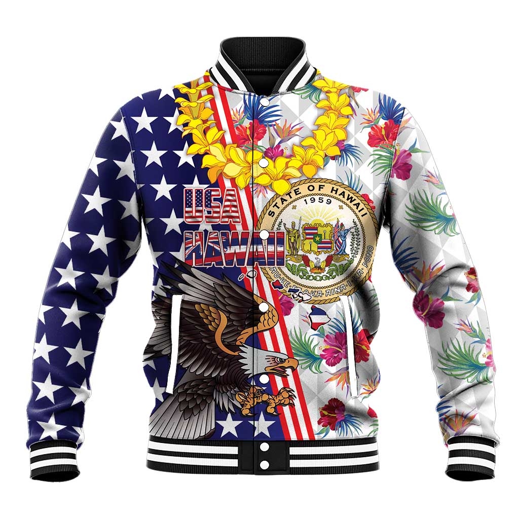 Hawaii and United States Together Baseball Jacket Seal of Hawaii and Bald Eagle LT03 Unisex White - Polynesian Pride