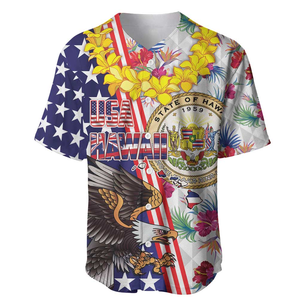 Hawaii and United States Together Baseball Jersey Seal of Hawaii and Bald Eagle LT03 White - Polynesian Pride