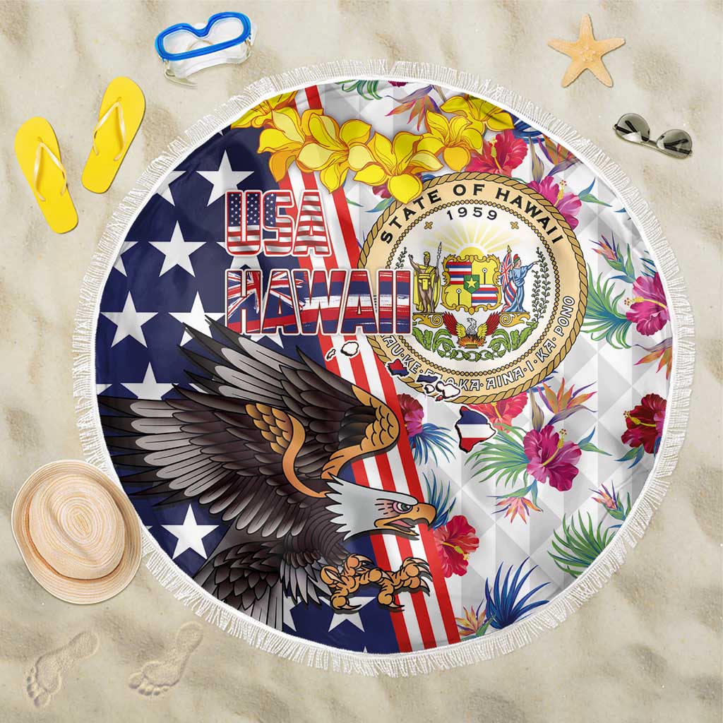 Hawaii and United States Together Beach Blanket Seal of Hawaii and Bald Eagle LT03 One Size 150cm White - Polynesian Pride