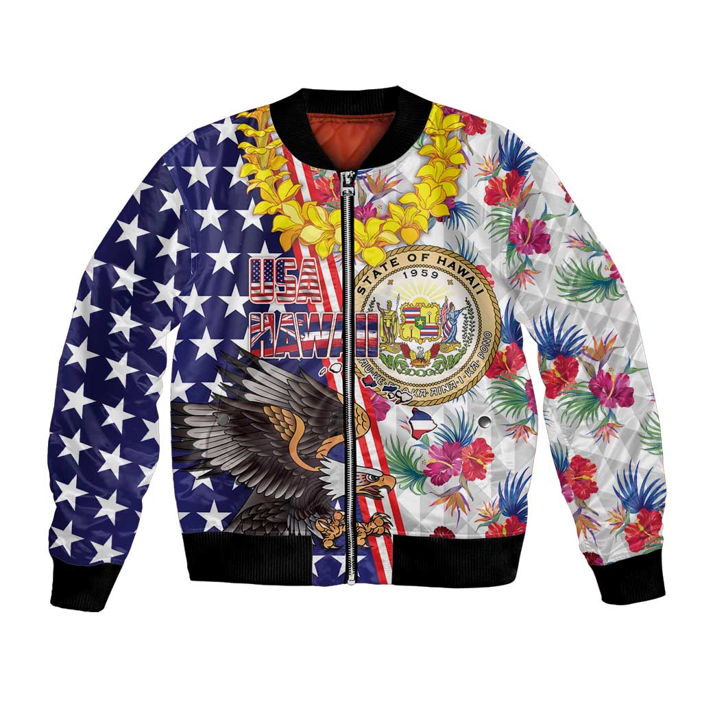 Hawaii and United States Together Bomber Jacket Seal of Hawaii and Bald Eagle LT03 Unisex White - Polynesian Pride