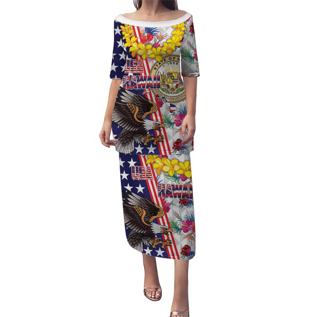 Hawaii and United States Together Puletasi Seal of Hawaii and Bald Eagle LT03 Long Dress White - Polynesian Pride