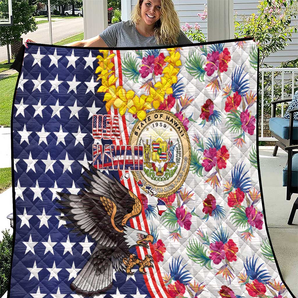 Hawaii and United States Together Quilt Seal of Hawaii and Bald Eagle LT03 White - Polynesian Pride