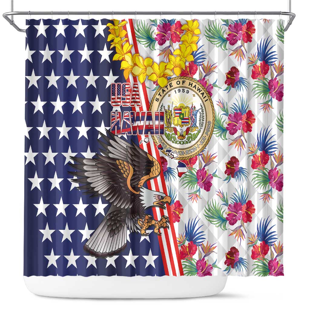Hawaii and United States Together Shower Curtain Seal of Hawaii and Bald Eagle LT03 White - Polynesian Pride