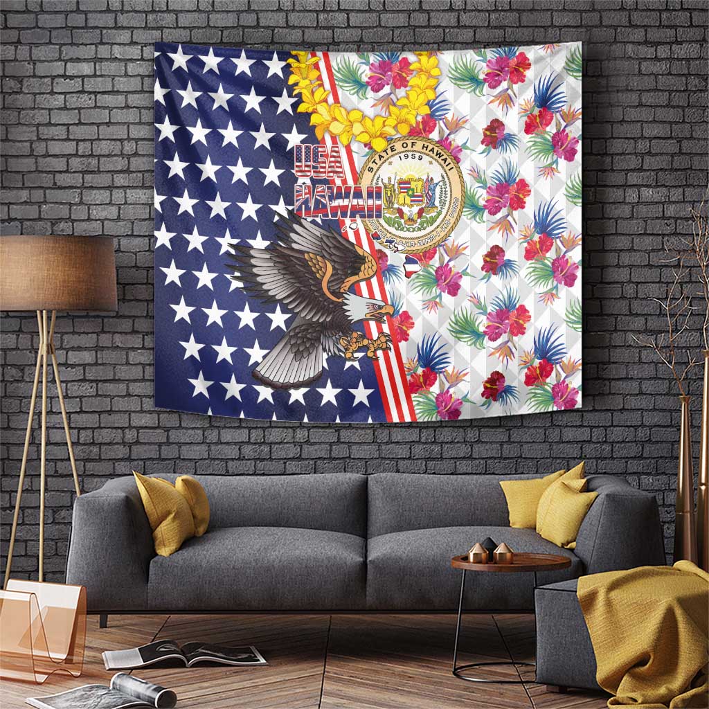 Hawaii and United States Together Tapestry Seal of Hawaii and Bald Eagle LT03 White - Polynesian Pride