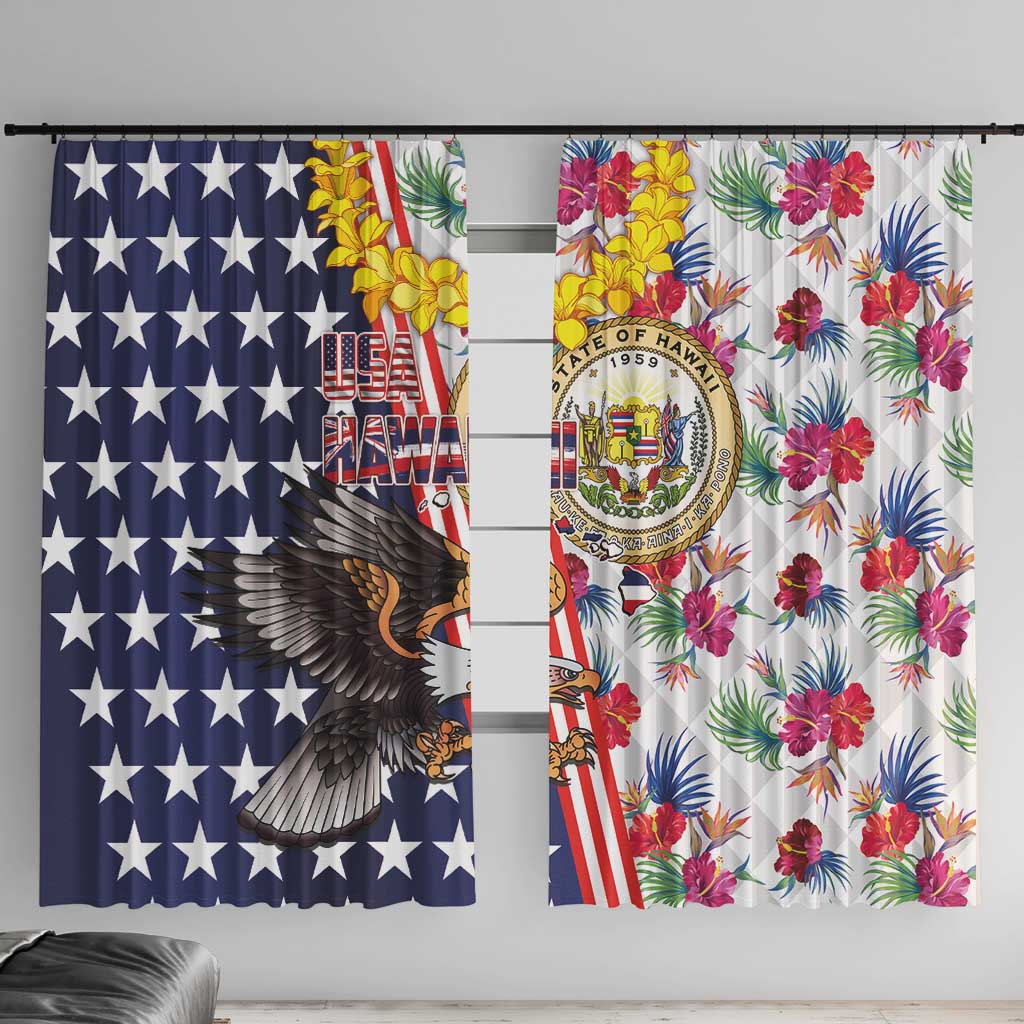 Hawaii and United States Together Window Curtain Seal of Hawaii and Bald Eagle LT03 With Hooks White - Polynesian Pride