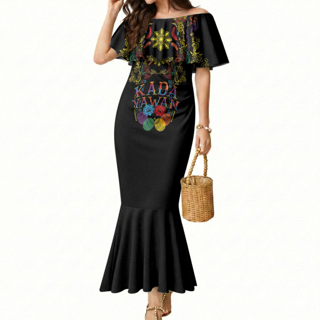 Philippines Kadayawan Festival Mermaid Dress Polynesian Tribal Art Barong Style LT03 Women Black - Polynesian Pride
