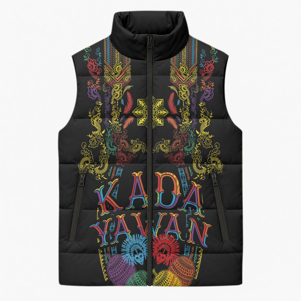 Philippines Kadayawan Festival Sleeveless Puffer Jacket Polynesian Tribal Art Barong Style LT03 Unisex Black - Polynesian Pride