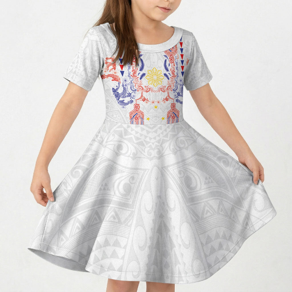 Philippines Barong Style Kid Short Sleeve Dress Polynesian Kakau Art Tattoos with Tribal Filipino Sun LT03 KID White - Polynesian Pride