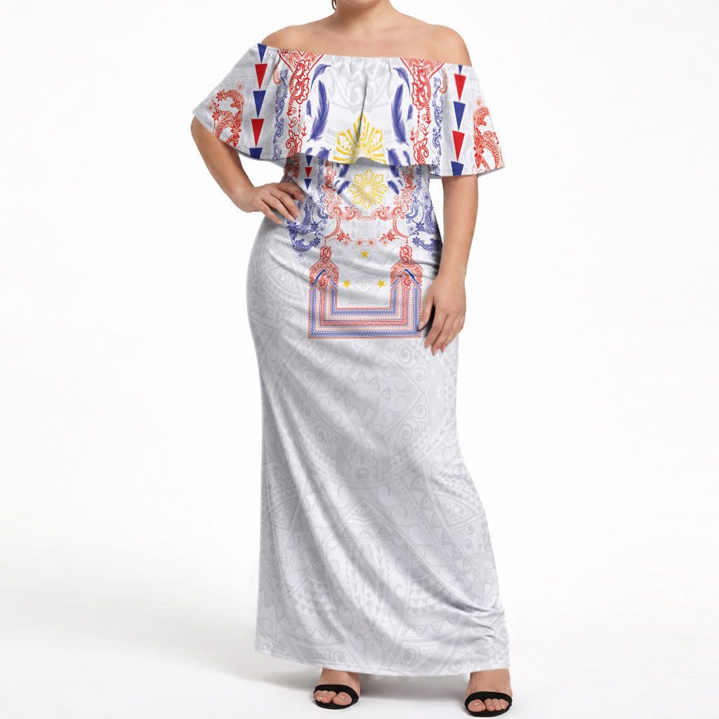 Philippines Barong Style Off Shoulder Maxi Dress Polynesian Kakau Art Tattoos with Tribal Filipino Sun LT03 Women White - Polynesian Pride