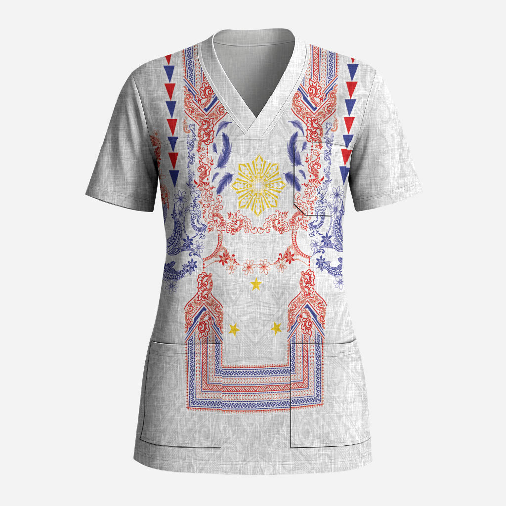 Philippines Barong Style Scrub Top Polynesian Kakau Art Tattoos with Tribal Filipino Sun LT03 Adult White - Polynesian Pride