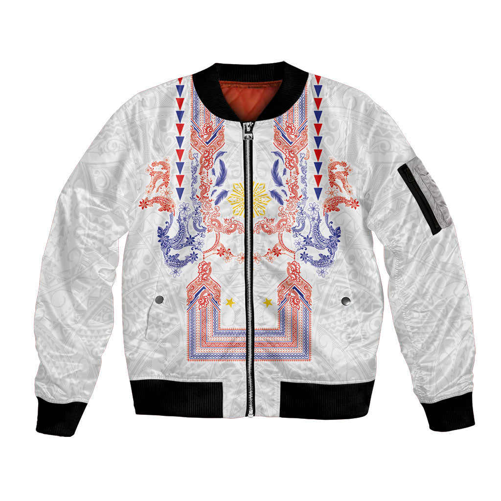 Philippines Barong Style Sleeve Zip Bomber Jacket Polynesian Kakau Art Tattoos with Tribal Filipino Sun LT03 Unisex White - Polynesian Pride