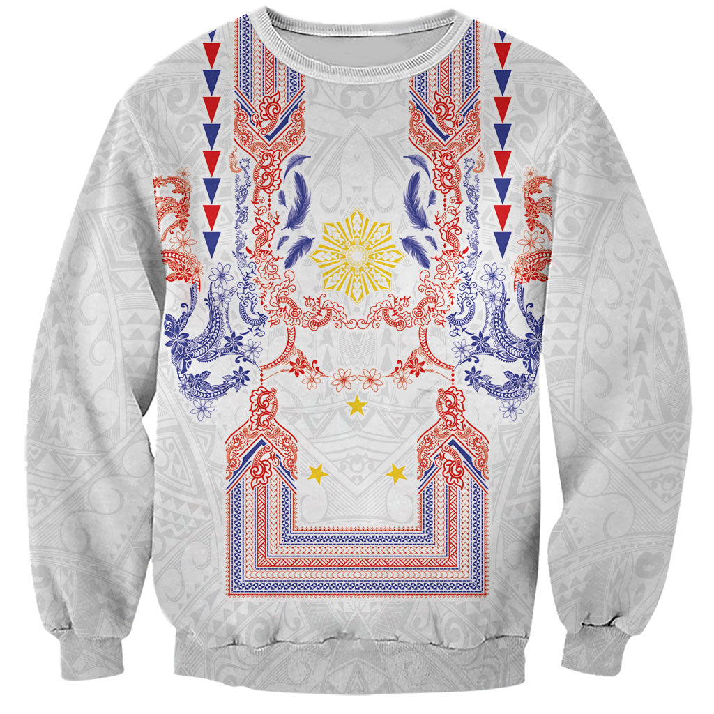 Philippines Barong Style Sweatshirt Polynesian Kakau Art Tattoos with Tribal Filipino Sun LT03 Unisex White - Polynesian Pride