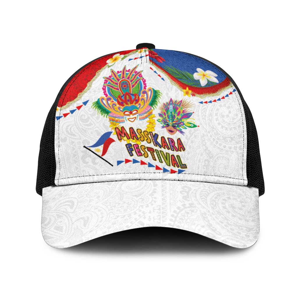 Philippines MassKara Festival Baseball Net Cap Smile Masks with Hawaiian Art Pattern and Tropical Plants LT03 One Size Black Multicolor - Polynesian Pride