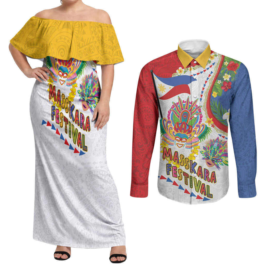Philippines MassKara Festival Couples Matching Off Shoulder Maxi Dress and Long Sleeve Button Shirt Smile Masks with Hawaiian Art Pattern and Tropical Plants LT03 Multicolor - Polynesian Pride