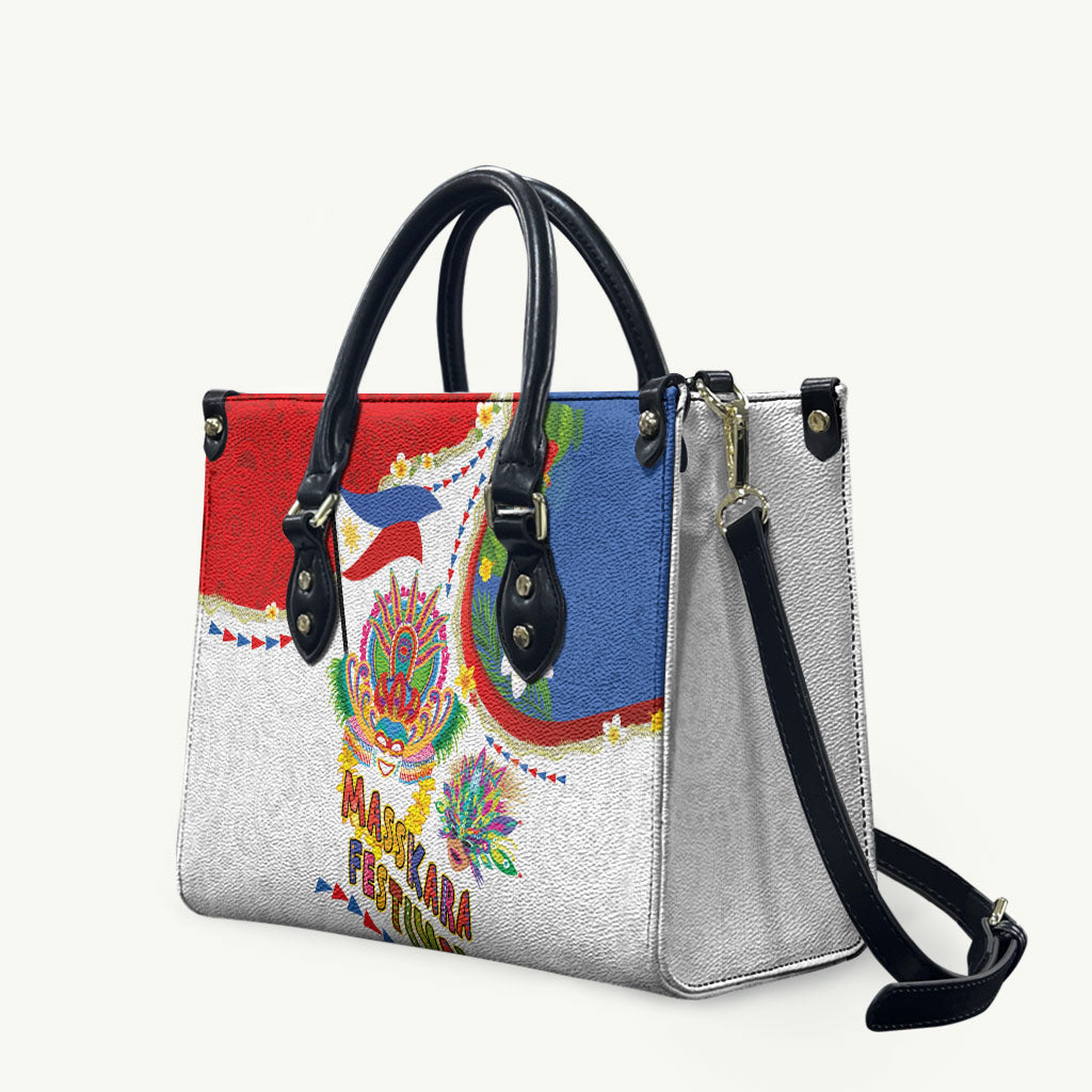 Philippines MassKara Festival Leather Bag Smile Masks with Hawaiian Art Pattern and Tropical Plants LT03 Multicolor - Polynesian Pride