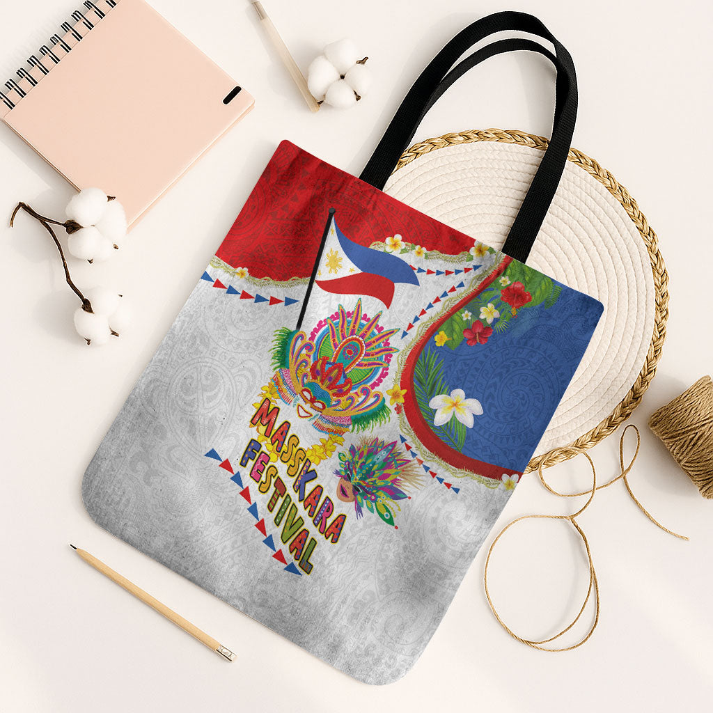 Philippines MassKara Festival Tote Bag Smile Masks with Hawaiian Art Pattern and Tropical Plants LT03 Black Strap One Size Multicolor - Polynesian Pride
