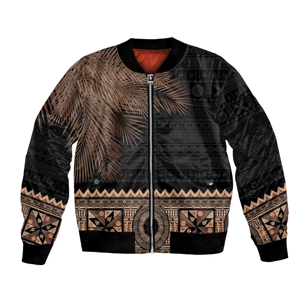 Fiji Palm Leaves Bomber Jacket Masi and Tapa Tribal Pattern Beige Color LT03 Unisex Beige - Polynesian Pride