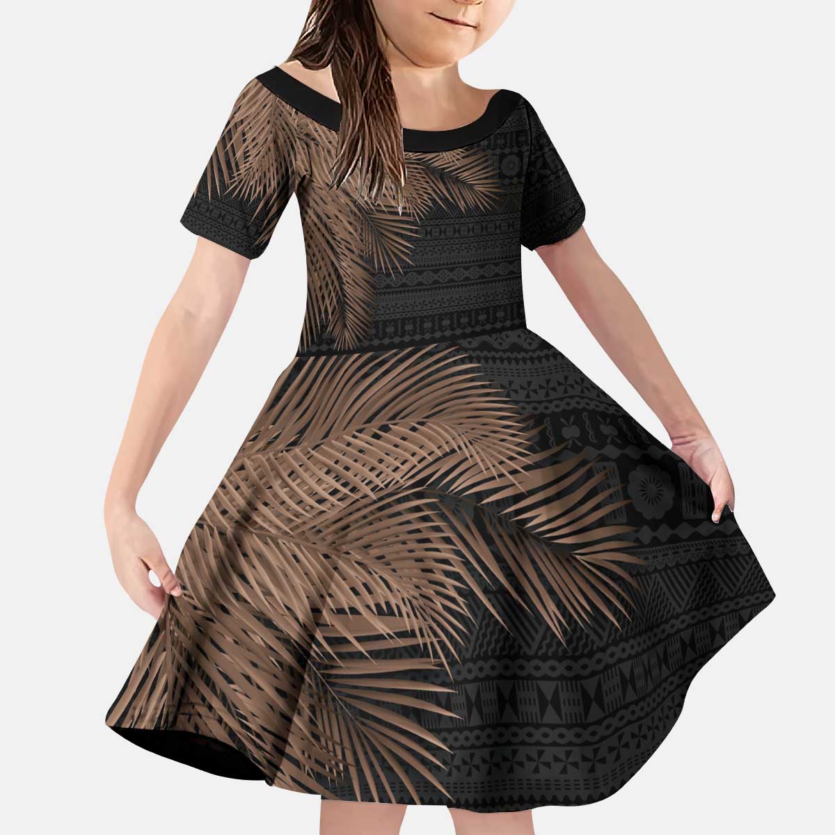 Fiji Palm Leaves Kid Short Sleeve Dress Masi and Tapa Tribal Pattern Beige Color LT03 KID Beige - Polynesian Pride