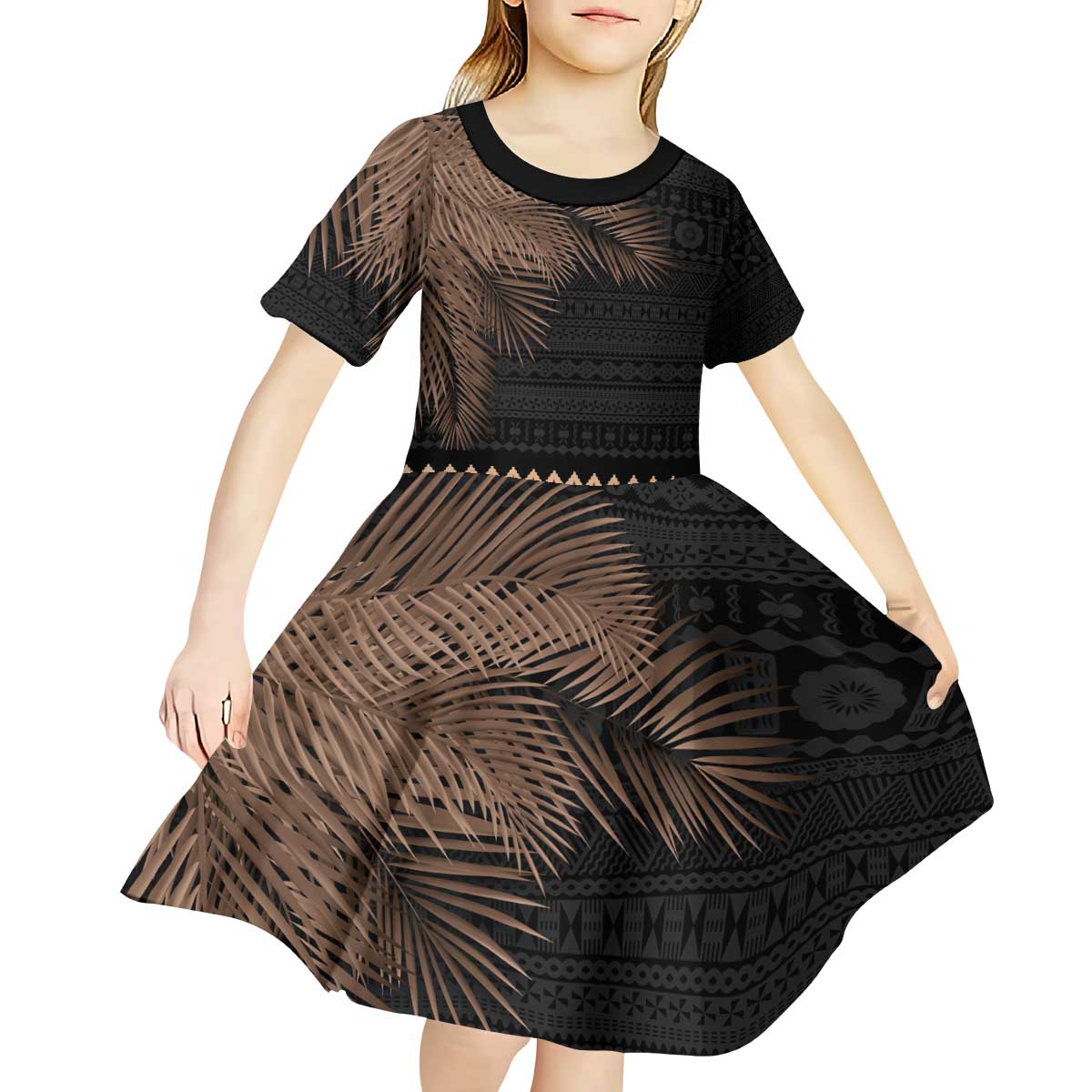 Fiji Palm Leaves Kid Short Sleeve Dress Masi and Tapa Tribal Pattern Beige Color LT03 - Polynesian Pride