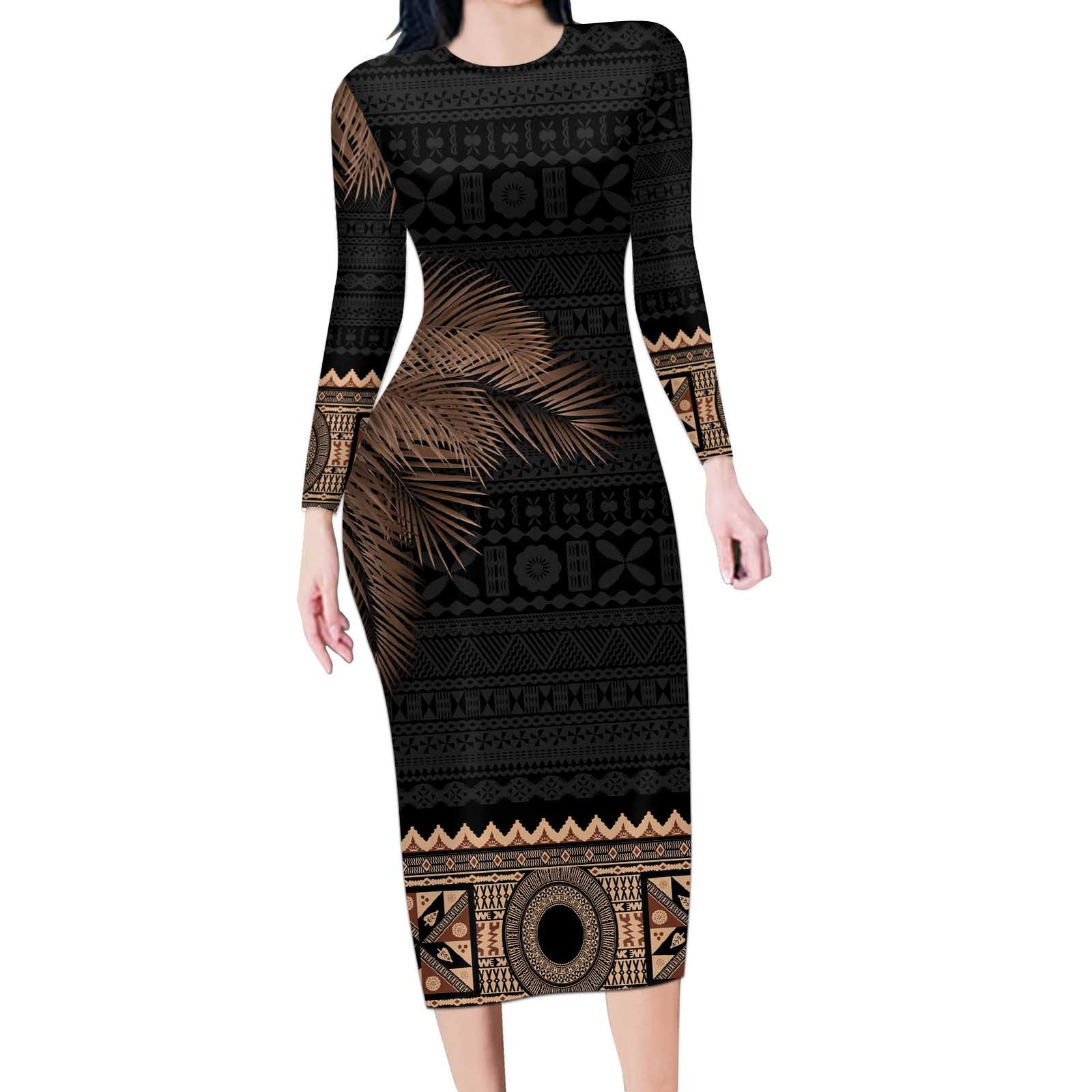 Fiji Palm Leaves Long Sleeve Bodycon Dress Masi and Tapa Tribal Pattern Beige Color LT03 Long Dress Beige - Polynesian Pride