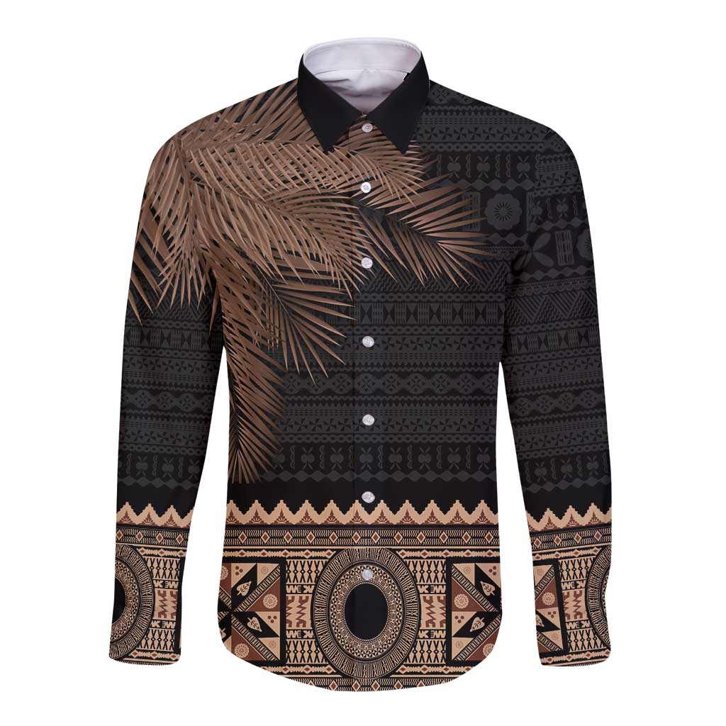 Fiji Palm Leaves Long Sleeve Button Shirt Masi and Tapa Tribal Pattern Beige Color LT03 Unisex Beige - Polynesian Pride