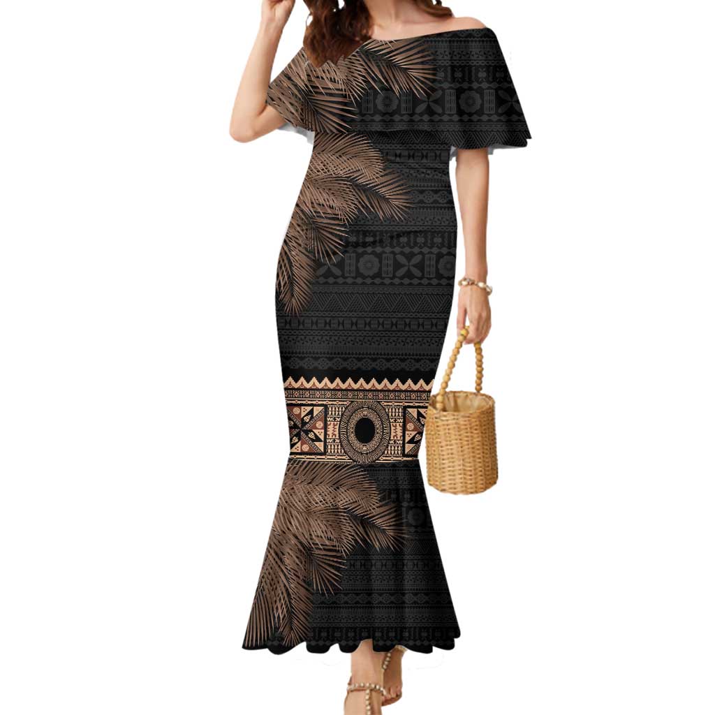 Fiji Palm Leaves Mermaid Dress Masi and Tapa Tribal Pattern Beige Color LT03 Women Beige - Polynesian Pride