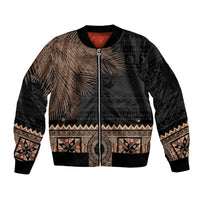 Fiji Palm Leaves Sleeve Zip Bomber Jacket Masi and Tapa Tribal Pattern Beige Color LT03 Unisex Beige - Polynesian Pride