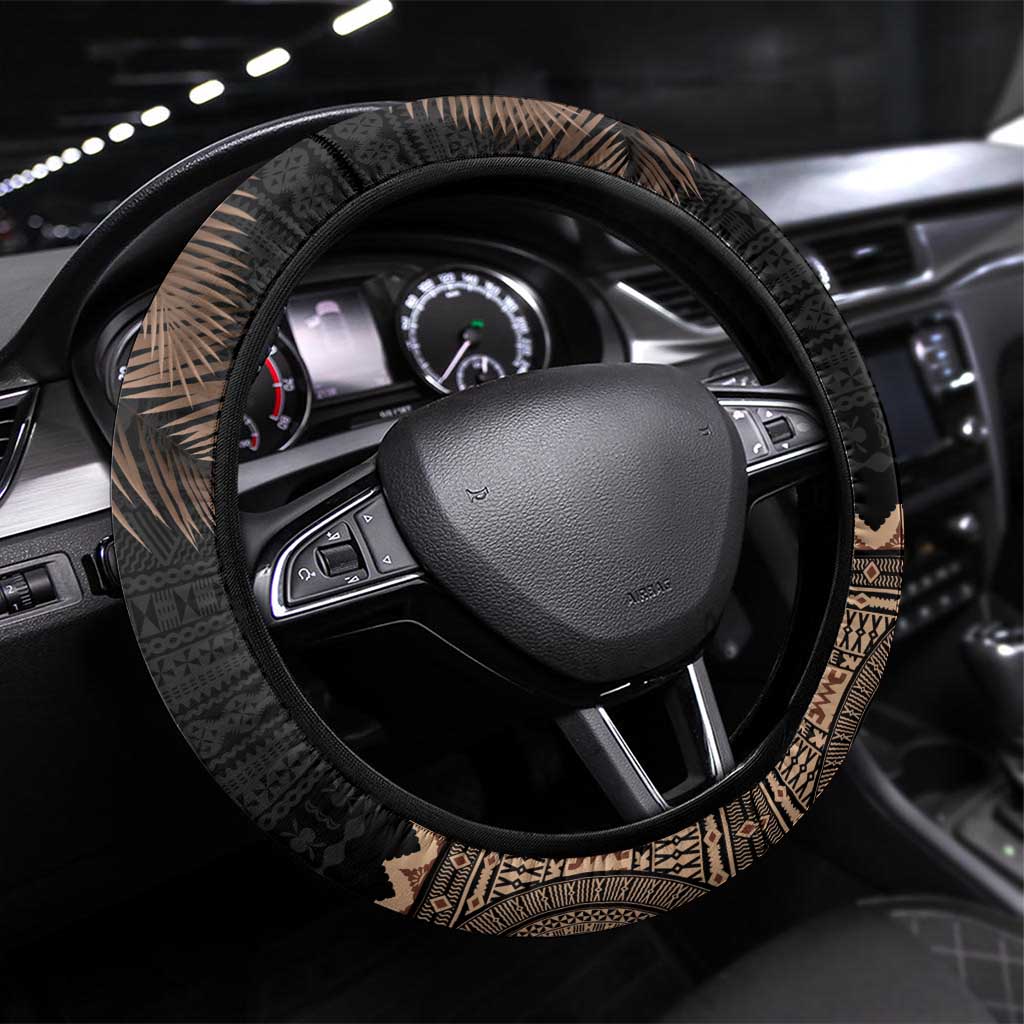 Fiji Palm Leaves Steering Wheel Cover Masi and Tapa Tribal Pattern Beige Color