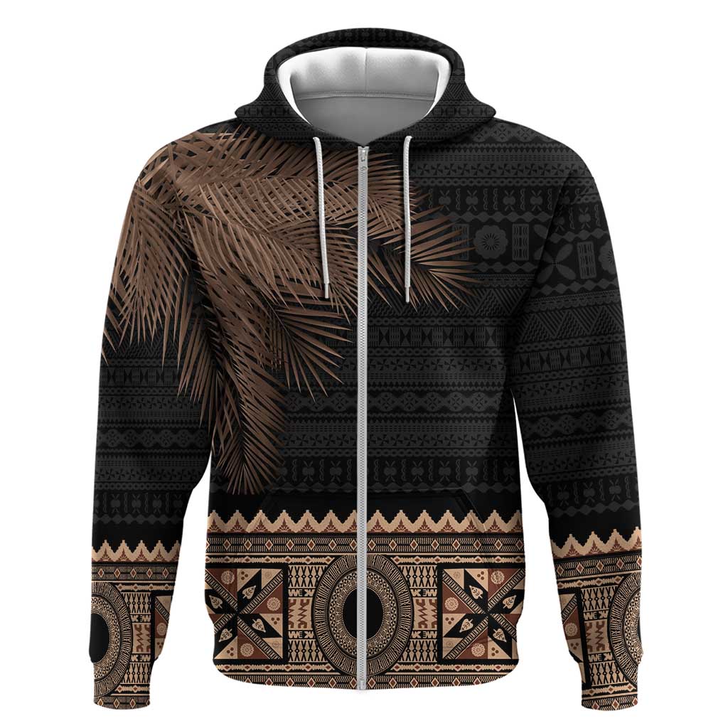 Fiji Palm Leaves Zip Hoodie Masi and Tapa Tribal Pattern Beige Color LT03 Zip Hoodie Beige - Polynesian Pride