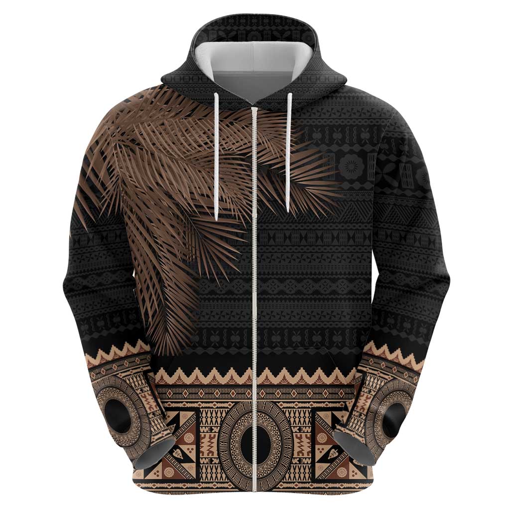 Fiji Palm Leaves Zip Hoodie Masi and Tapa Tribal Pattern Beige Color LT03 - Polynesian Pride