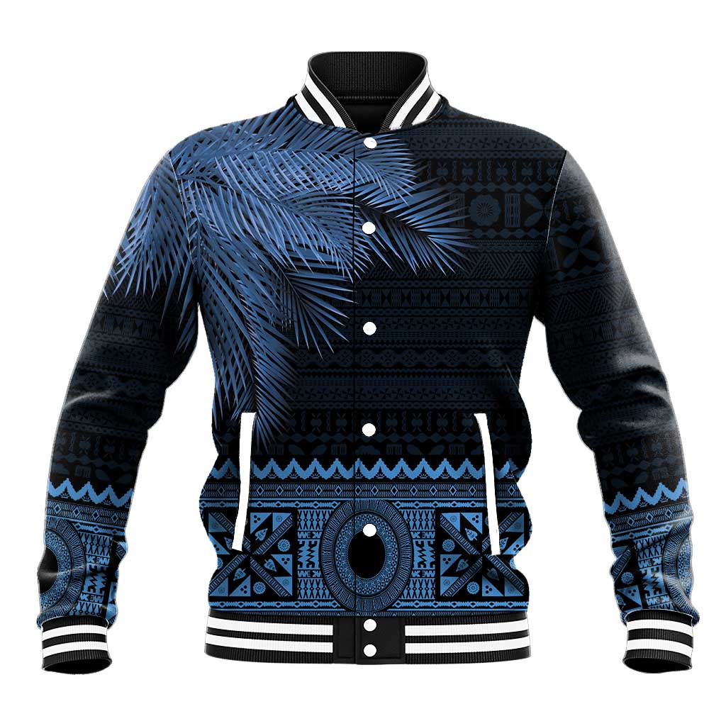 Fiji Palm Leaves Baseball Jacket Masi and Tapa Tribal Pattern Blue Color LT03 Unisex Blue - Polynesian Pride