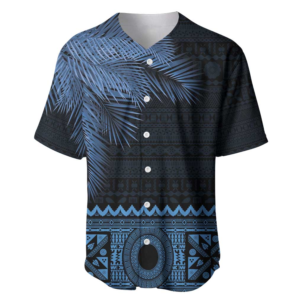 Fiji Palm Leaves Baseball Jersey Masi and Tapa Tribal Pattern Blue Color LT03 Blue - Polynesian Pride