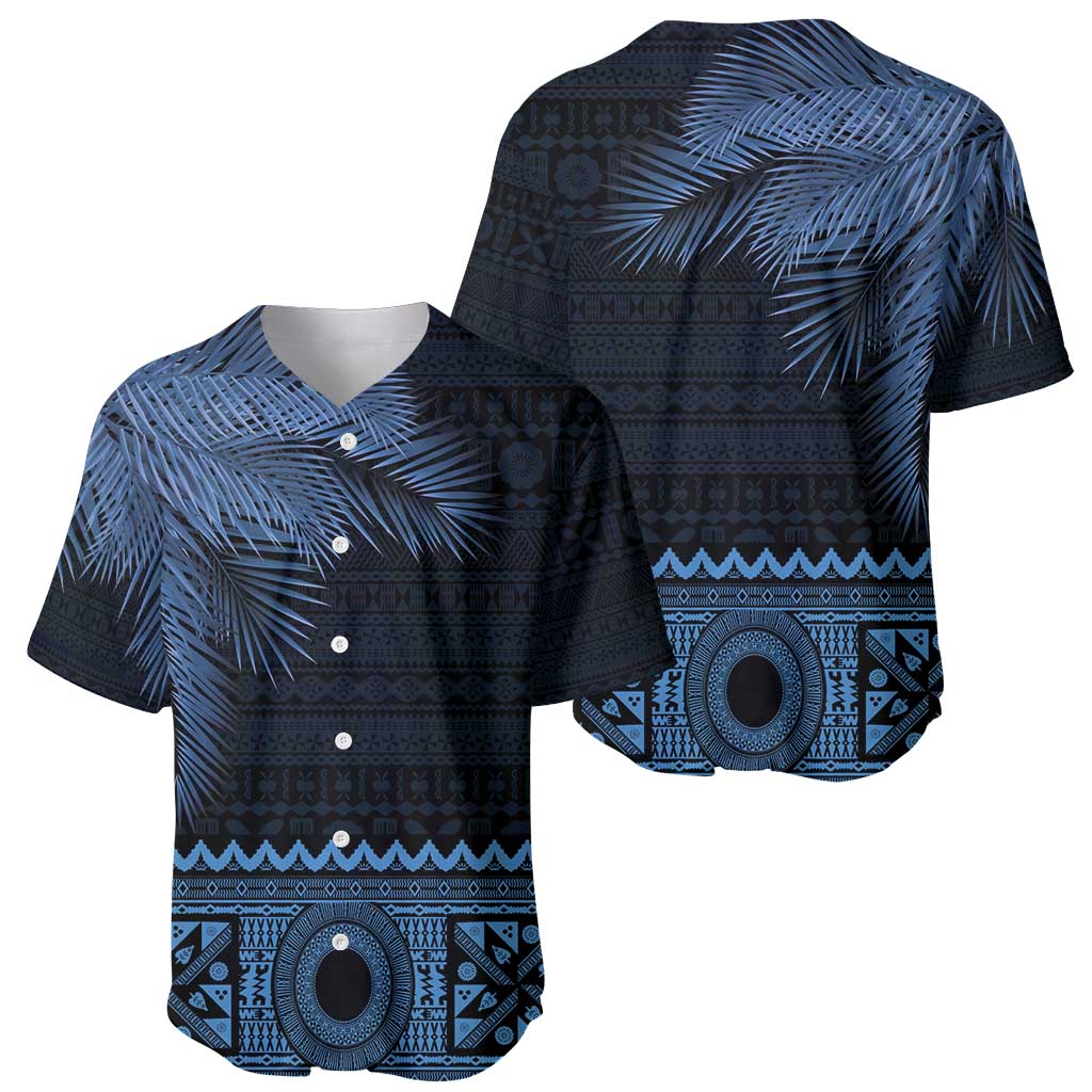 Fiji Palm Leaves Baseball Jersey Masi and Tapa Tribal Pattern Blue Color LT03 - Polynesian Pride