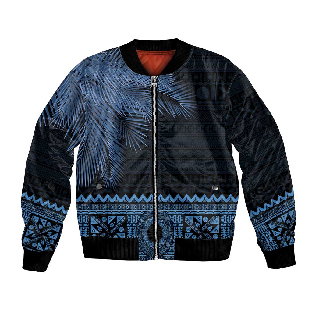Fiji Palm Leaves Bomber Jacket Masi and Tapa Tribal Pattern Blue Color LT03 Unisex Blue - Polynesian Pride