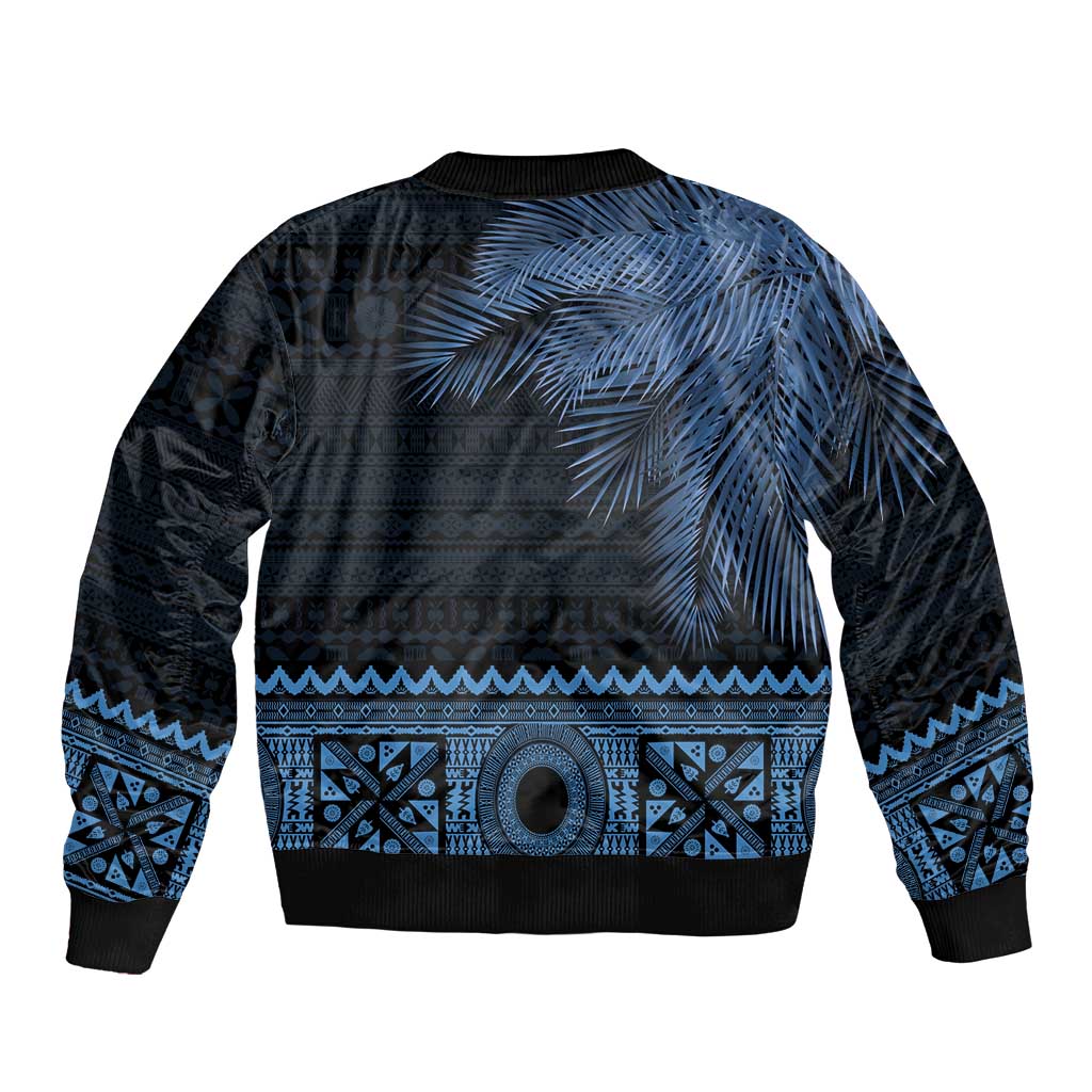 Fiji Palm Leaves Bomber Jacket Masi and Tapa Tribal Pattern Blue Color LT03 - Polynesian Pride