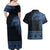 Fiji Palm Leaves Couples Matching Off Shoulder Maxi Dress and Hawaiian Shirt Masi and Tapa Tribal Pattern Blue Color