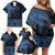 Fiji Palm Leaves Family Matching Off Shoulder Short Dress and Hawaiian Shirt Masi and Tapa Tribal Pattern Blue Color