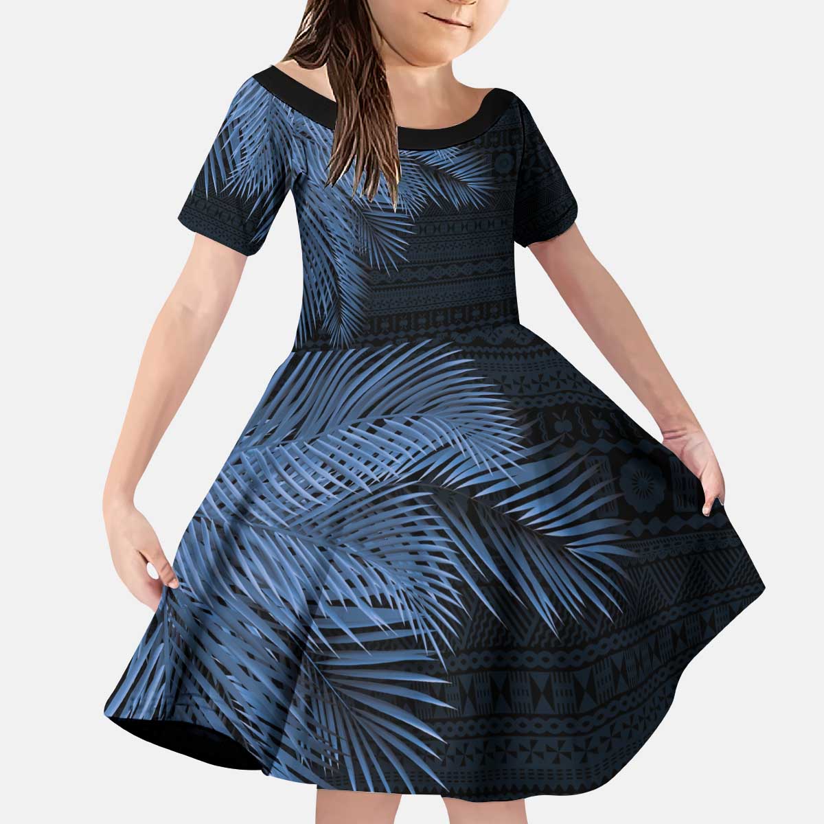 Fiji Palm Leaves Kid Short Sleeve Dress Masi and Tapa Tribal Pattern Blue Color LT03 KID Blue - Polynesian Pride