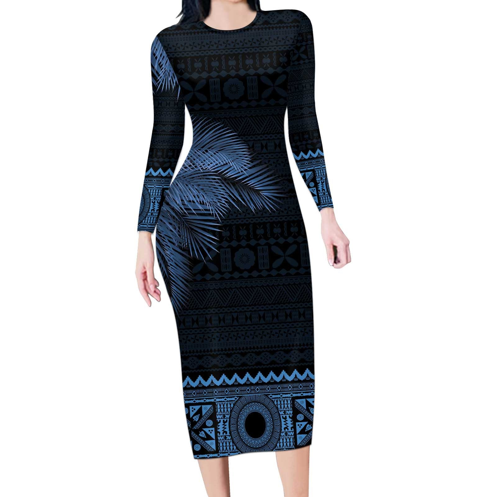 Fiji Palm Leaves Long Sleeve Bodycon Dress Masi and Tapa Tribal Pattern Blue Color LT03 Long Dress Blue - Polynesian Pride
