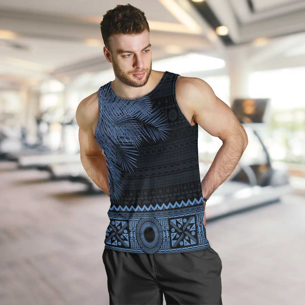 Fiji Palm Leaves Men Tank Top Masi and Tapa Tribal Pattern Blue Color LT03 Blue - Polynesian Pride
